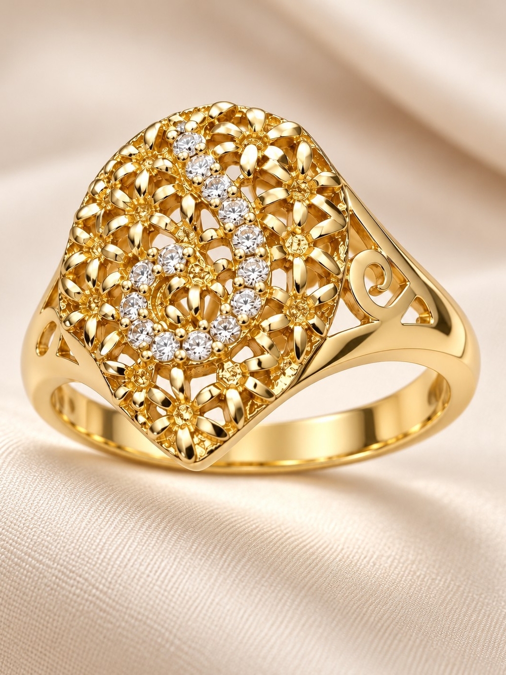 Laminated 14k. Gold Filigree Floral CZ Statement Ring - Women Jewelry